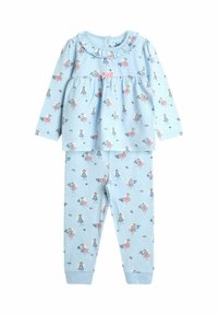 Set de pijamale pentru copii de color albastru deschis, cu mâneci lungi și pantaloni, decorat cu imprimeuri cu balerine roz și albastre și o fundă mică roz în partea de sus.