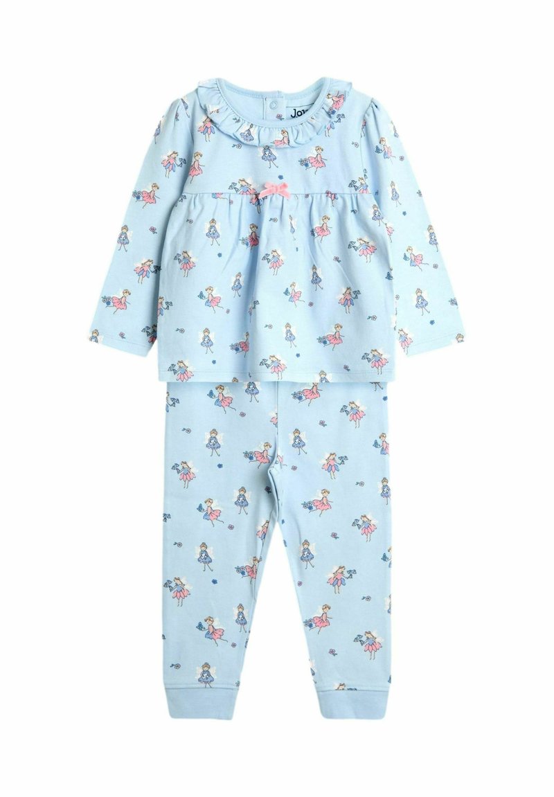 Set de pijamale pentru copii de color albastru deschis, cu mâneci lungi și pantaloni, decorat cu imprimeuri cu balerine roz și albastre și o fundă mică roz în partea de sus.