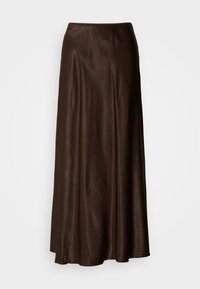 Jupe longueur cheville en satin brun avec une texture lisse et un éclat subtil. Elle possède une taille élastique pour plus de confort.