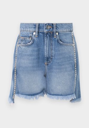 Μπλε τζιν σορτς με ψηλή μέση, ξεφτισμένα τελειώματα, μπροστινές τσέπες, θηλιές ζώνης, μεταλλικό κουμπί, φερμουάρ και ασημένια τρουκ κατά μήκος των πλαϊνών ραφών.