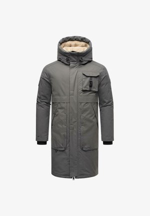 Parka grise isolée avec doublure en fausse fourrure, grandes poches avant, capuche ajustable et poignets élastiques. Fermeture éclair et à pression.