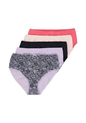 Five pairs of women's cotton underwear in various colors: pink, light pink, lavender, black, and a patterned gray. Each has a ribbon accent.