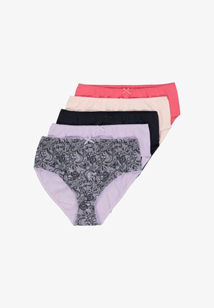 Cinq paires de sous-vêtements en coton pour femmes de différentes couleurs : rose, rose clair, lavande, noir et un gris à motif. Chacune est ornée d'un ruban.