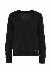 Czarny sweter z dekoltem w serek wykonany z miękkiej, strukturalnej tkaniny, z długimi rękawami i małym metalowym akcentem marki przy dolnym brzegu.