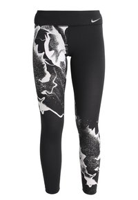 Leggings neri con un motivo astratto bianco, realizzati in tessuto elasticizzato. Presentano una vita alta e un piccolo logo sulla cintura.