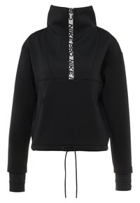 Zwarte sweatshirt met een hoge kraag, halve rits, trekkoord onderaan en Nike-branding op een witte band in het midden van de rits.