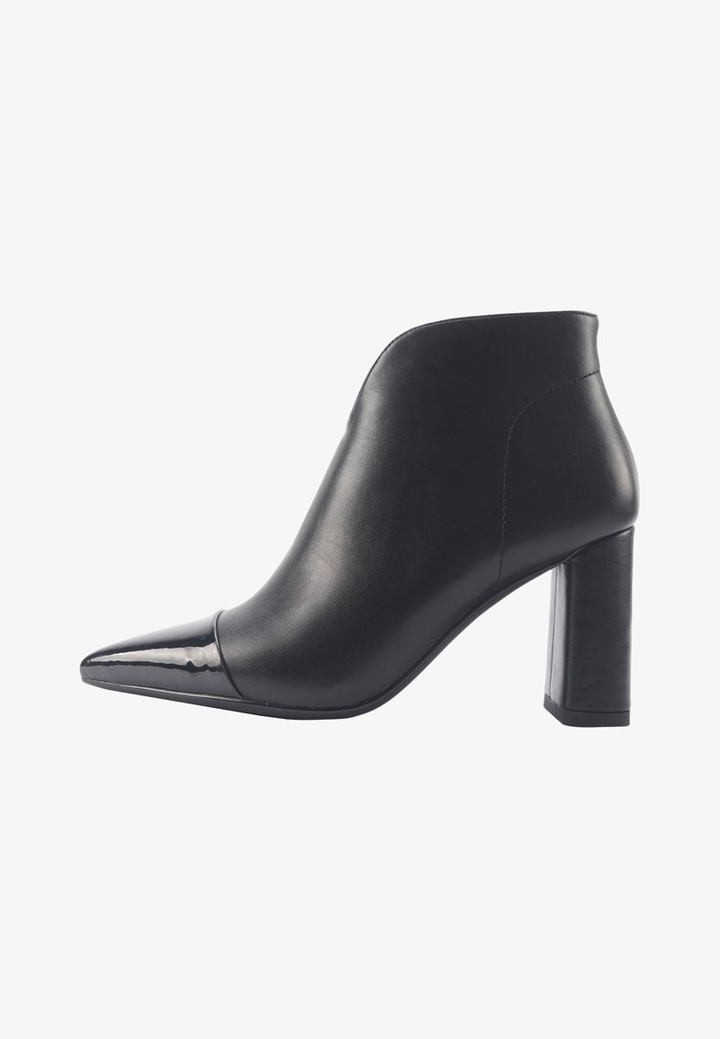 Black leather ankle boots with a pointed toe, glossy patent accent, and a mid-height square heel. Smooth texture and sleek design.