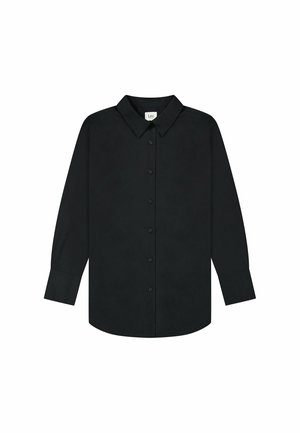 Schwarzes Langarmhemd mit klassischem Kragen, Knopfverschluss vorne und gekniffenen Ärmeln; aus glattem Stoff ohne erkennbare Muster gefertigt.