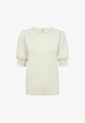 Lys beige pullover, lavet af blødt stof. Har en rund halsudskæring og korte pufærmer, med en lige kant og et minimalistisk design.