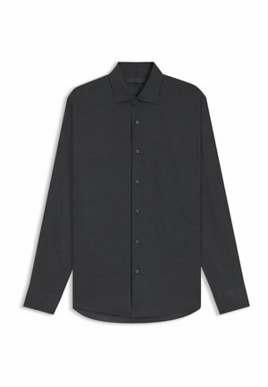 Dark long-sleeve shirt made of smooth fabric, featuring a classic collar, button-front closure, and rounded hem. Buttons in a matching hue.