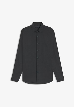 Dunkles Langarmshirt aus einem glatten Stoff mit klassischem Kragen, Knopfleiste vorne und abgerundetem Saum. Knöpfe in passender Farbe.