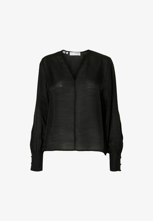 Zwarte blouse met lange mouwen, voorzien van een V-hals ontwerp, lichte stof en geplooide mouwen met knoopaccenten. Soepele textuur, minimalistische stijl.