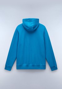 Sudadera con capucha de color azul brillante, fabricada con un tejido suave. Presenta mangas largas, un dobladillo redondeado y un diseño sencillo sin patrones ni adornos.