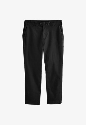 Sorte bomuldsbukser med lige pasform, to forlommer, bæltestropper og knaplukning. Glat tekstur med klassisk design.