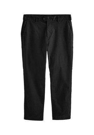 Black cotton trousers with a straight fit, two front pockets, belt loops, and a button closure. Smooth texture with a classic design.