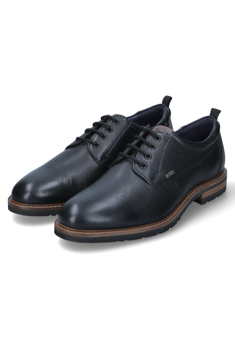 Chaussures en cuir noir avec une texture lisse, design à lacets, bout rond et semelle marron. Présente une couture discrète et une languette au niveau du talon.