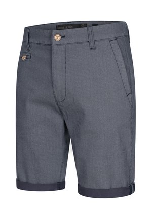 Navyblauwe shorts met een gestructureerde stof, omgeslagen zoom, voorkantzakken en een knoopsluiting met een bruine accent.