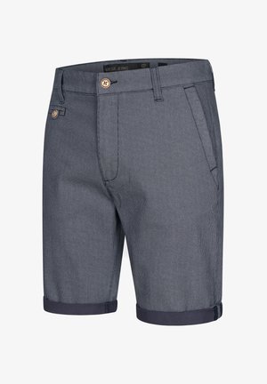 Marineblaue Shorts aus strukturiertem Stoff mit umgeschlagenem Saum, seitlichen Taschen und einem Knopfverschluss mit braunen Akzenten.
