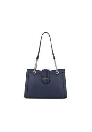 Sac à main en cuir bleu marine avec chaîne argentée et bandoulière en cuir, fermeture à boucle devant et logo discret de la marque en bas à droite.