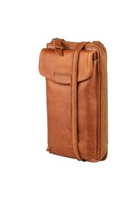 Brun læder crossover-taske med frontlomme, lynlåskompartiment og præget BURKEL-logo, isoleret på hvid baggrund.