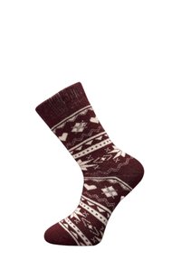Mav-red knitted sock featuring white geometric patterns, hearts, and snowflake designs. Ankle length with ribbed cuff for secure fit.