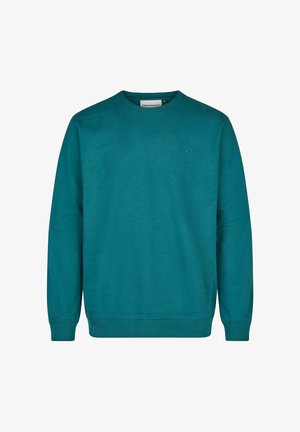 Teal sweater with a crew neck and long sleeves, featuring a subtle logo on the chest, displayed against a white background.