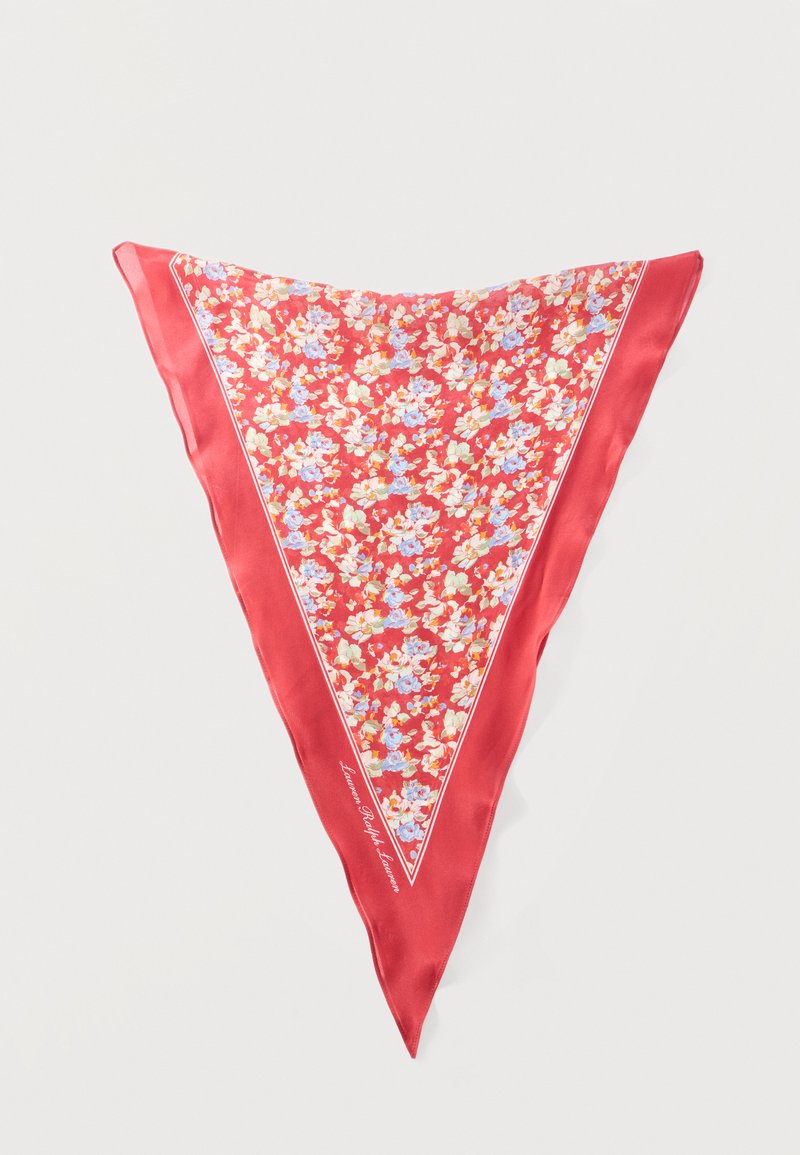 Κόκκινο τρίγωνο μεταξωτό μαντήλι με μικρό μπλε, λευκό και κίτρινο floral σχέδιο και στενή κόκκινη μπορντούρα.