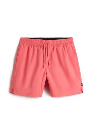 Korallenfarbene Badeshorts mit elastischem Bund, Kordelzug und seitlichen Taschen. Glatte Textur und gerader Schnitt.
