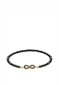 Schwarzes Perlenarmband mit facettierten Perlen, versehen mit einem goldenen Unendlichkeitssymbol-Akzent mit schwarzen Details in der Mitte.