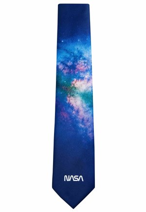 Blue tie featuring a galaxy design with splashes of purple, white, and green. Includes the NASA logo in white at the bottom.