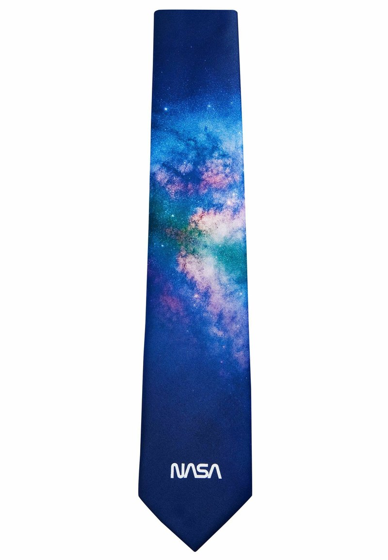 Blue tie featuring a galaxy design with splashes of purple, white, and green. Includes the NASA logo in white at the bottom.