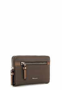 Brown synthetic wallet with a smooth texture, zippered closure, front pocket, and contrasting tan accents. Features a logo on the front.