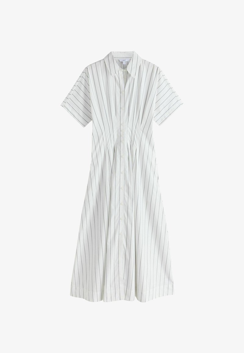 Abito midi bianco a maniche corte con righe verticali nere, bottoni frontali, colletto e dettagli in vita aderente.