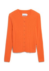 Gestreifter, oranger Cardigan mit Rundhalsausschnitt und Knopfverschluss an der Vorderseite, mit langen Ärmeln und verkürzter Länge.