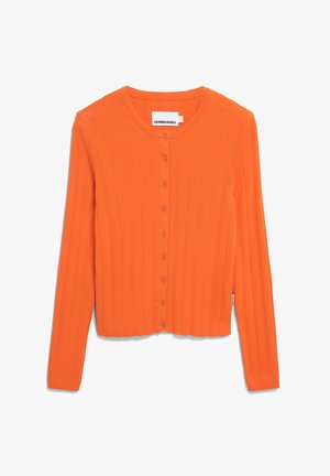 Cardigan arancione a coste con scollo rotondo e chiusura a bottoni sul fronte, dotato di maniche lunghe e lunghezza cropped.