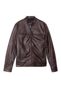 Donkere bruine leren jas met een opstaande kraag, een ritssluiting aan de voorkant en vier zakken met rits, plat neergelegd op een witte achtergrond.