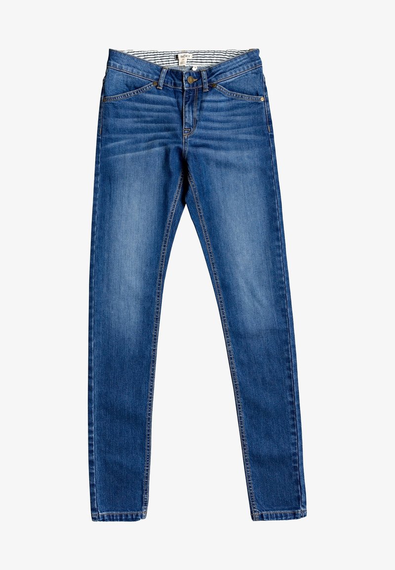Jeans de mezclilla azul con un corte recto, diseño de cinco bolsillos, cierre de botón y detalles desgastados en la parte frontal. El material es suave y ligeramente elástico.