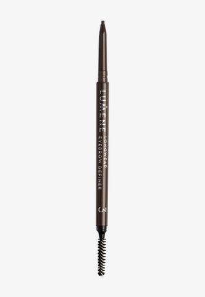 Brown eyebrow pencil with a fine tip for precise application. Features a built-in spoolie brush for blending and grooming.