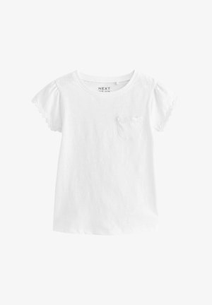 Tricou alb din bumbac, cu mâneci scurte și pufoase. Are o mică buzunar pe pieptul stâng, cu dantelă florală. Guler clasic de tip crew.