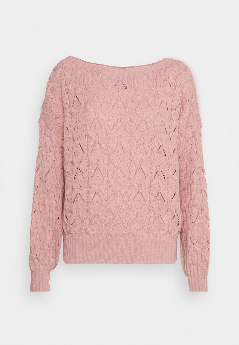Pull en maille rose à manches longues, coupe ample, poignets et ourlet côtelés, présentant un délicat motif ajouré sur toute la surface.