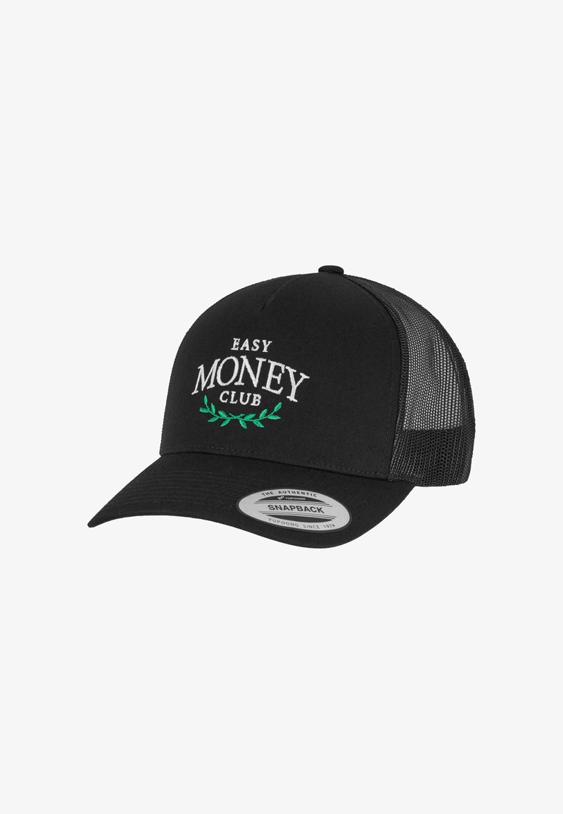 Fekete snapback sapka fehér hímzett "EASY MONEY CLUB" felirattal, zöld levél díszítéssel és hálós oldalpanellekkel a szellőzés érdekében.