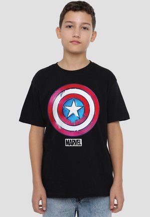 Black cotton T-shirt featuring a colorful Captain America shield design with a white star and red, blue, and white circular accents.
