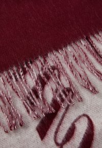 Écharpe en mélange de laine bordeaux avec un design dégradé et des bords à franges. Texture douce avec une finition lisse et un motif subtil.