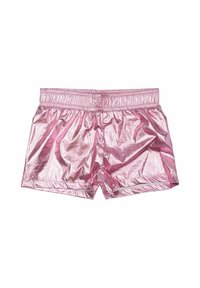 Metallic rožinės šortai su elastingu juosmeniu, pasižymintys lygiu, blizgiu paviršiumi ir laisvu siluetu. Jokie matomi raštai ar akcentai.