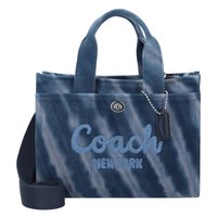 Denim tote bag with contrasting blue "Coach New York" embroidery, dual top handles, a detachable strap, and zipper closure.