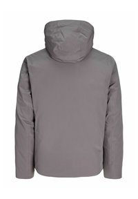 Šedá kapucňová bunda s hladkým, matným povrchem. Má uvolněný střih a žádné viditelné kovové prvky. Jednoduchý, čistý design bez vzorů.