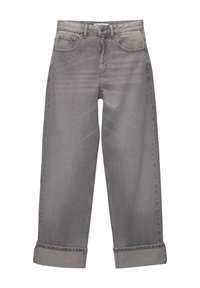 Jeans en denim gris à jambe large avec une taille haute, des ourlets roulés, cinq poches et un dégradé subtil sur le tissu pour un look vintage.