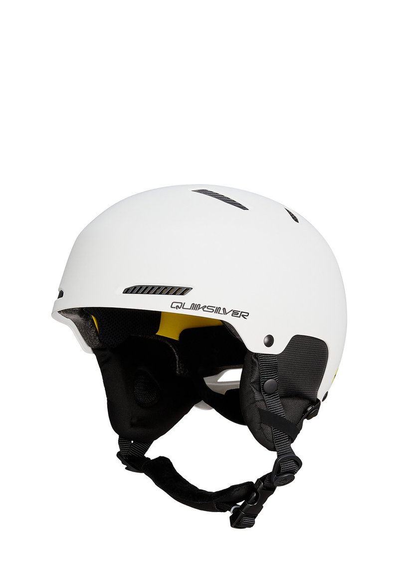 Witte helm met zwarte voering en verstelbare banden. Heeft ventilatieopeningen aan de bovenkant en een Quiksilver-logo. Gladde, matte afwerking.
