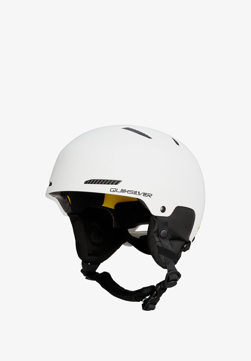 Casco blanco con forro interior negro y correas ajustables. Presenta ventilaciones en la parte superior y un logo de Quiksilver. Acabado suave y mate.