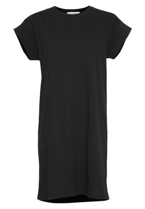 Czarna sukienka typu T-shirt z krótkim rękawem, z podwiniętymi mankietami i okrągłym dekoltem, prosta, o długości do kolan.